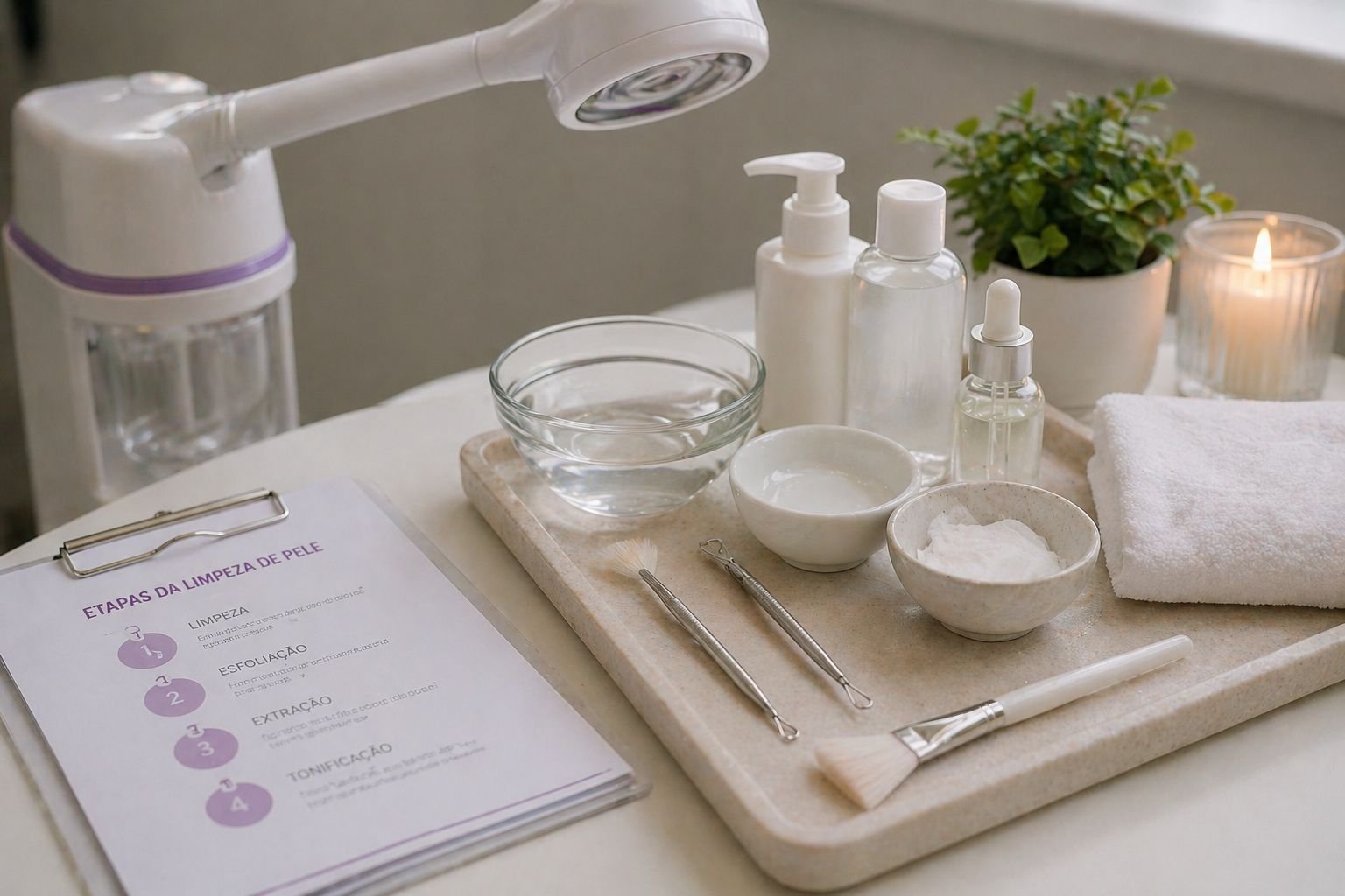 produtos e equipamentos utilizados na limpeza de pele profissional em clínica estética