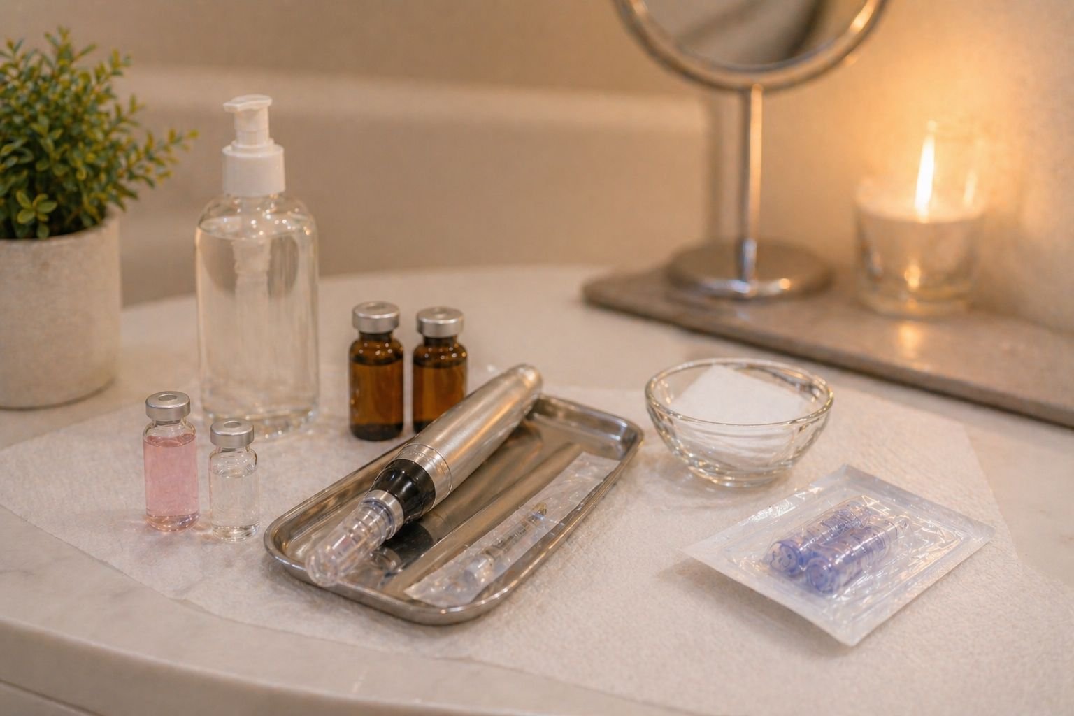 bancada com equipamentos e produtos utilizados no microagulhamento em clínica estética