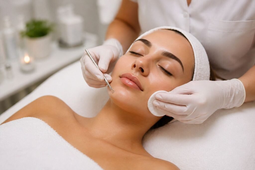 limpeza de pele profissional removendo cravos e impurezas em clínica estética