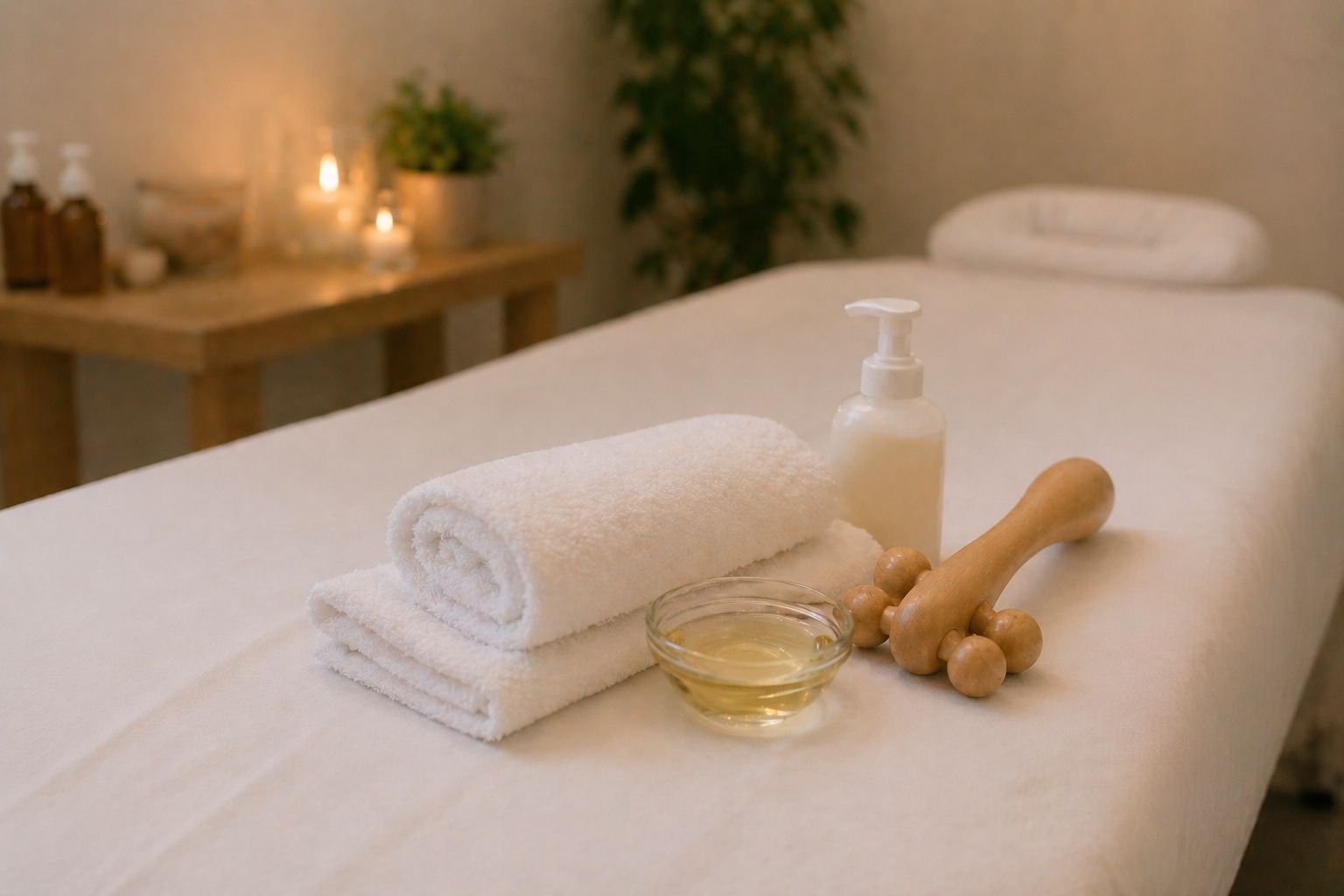 maca de estética com toalhas, óleo e acessórios para drenagem linfática em clínica estética