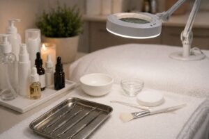 bancada com instrumentos e produtos utilizados em limpeza de pele em clínica estética