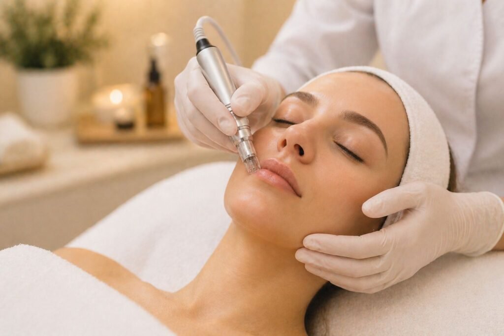 microagulhamento sendo realizado no rosto com equipamento dermatológico em clínica estética