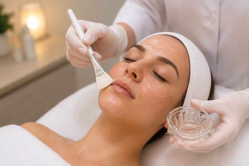 peeling clareador sendo aplicado no rosto com pincel em clínica estética