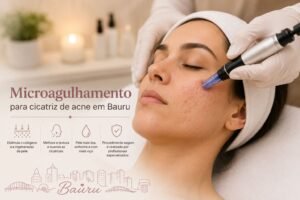 Procedimento de microagulhamento para tratamento de cicatrizes de acne em Bauru, estimulando a produção de colágeno e a renovação da pele.