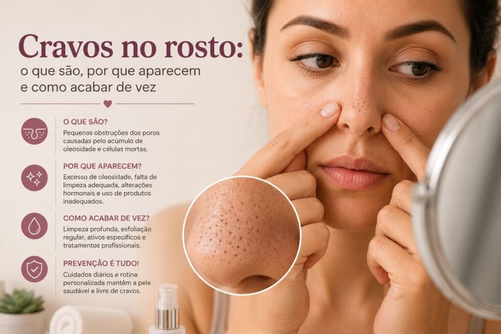 Cravos no rosto e poros obstruídos, mostrando as principais causas e cuidados para tratar e prevenir cravos na pele.