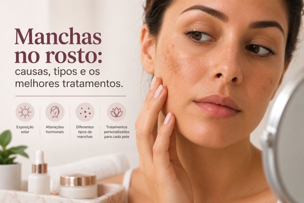 Manchas no rosto e hiperpigmentação da pele, ilustrando causas, tipos de manchas e tratamentos para uniformizar o tom da pele.